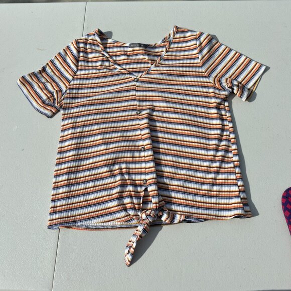 Suzy Shier orange, yellow, and brown stripped shirt with a tie in the middle - Picture 1 of 2